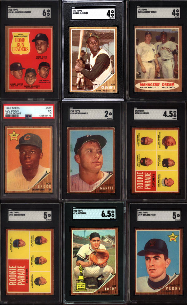 1962 Topps Baseball Set Break 598 Spot Random Card (Mickey Mantle SGC 2, Lou Brock Rookie PSA 5, Bob Uecker Rookie SGC 4.5, AL HR Leaders w/ Mickey Mantle SGC 6, Joe Torre Rookie SGC 6.5, etc!)