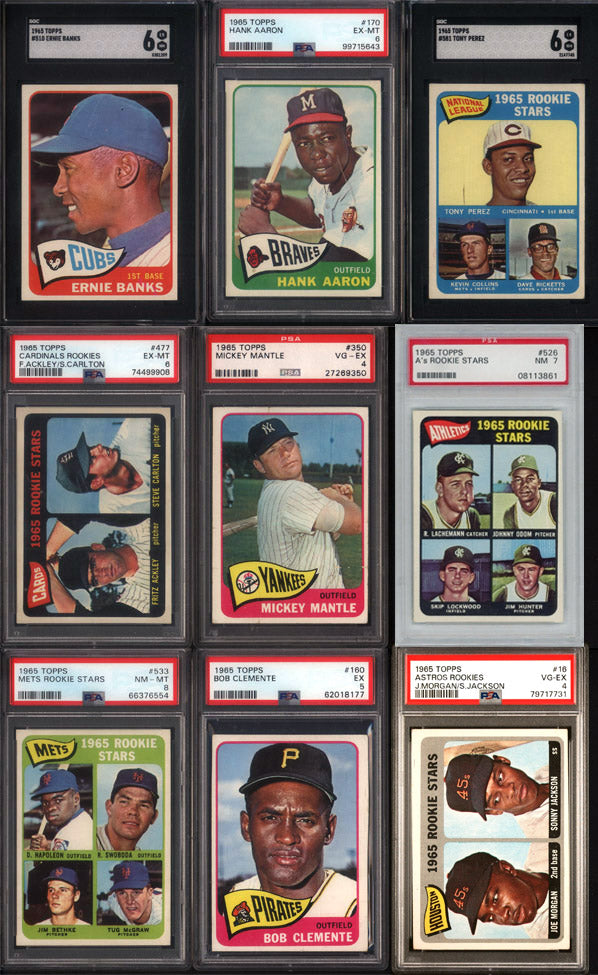1965 Topps Baseball Set Break 598 Spot Random Card (Mickey Mantle PSA 4, Steve Carlton Rookie PSA 6, Catfish Hunter Rookie PSA 7, Hank Aaron PSA 6, etc!)