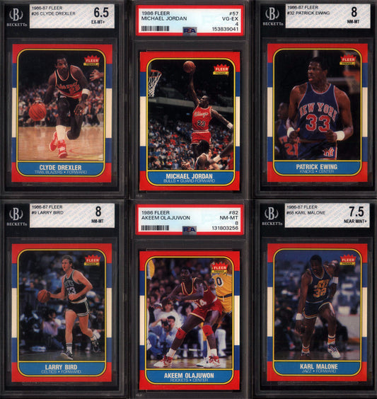1986 Fleer Basketball Set Break 132 Spot Random Card (Michael Jordan Rookie PSA 4, Akeem Olajuwon Rookie PSA 8, Patrick Ewing Rookie BGS 8, etc!)