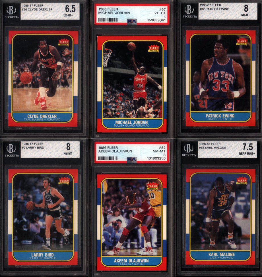 1986 Fleer Basketball Set Break 132 Spot Random Card (Michael Jordan Rookie PSA 4, Akeem Olajuwon Rookie PSA 8, Patrick Ewing Rookie BGS 8, etc!)