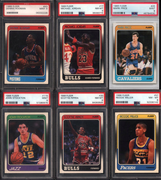 1988 Fleer Basketball Set Break 132 Spot Random Card (Michael Jordan PSA 8, Dennis Rodman Rookie PSA 9, John Stockton Rookie PSA 9, Scottie Pippen Rookie PSA 8, etc)